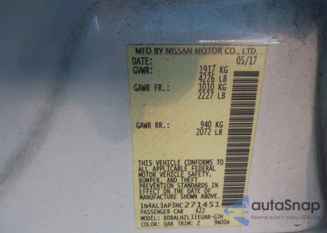 2017 Nissan Altima 2.5 Sr from USA, damaged, VIN 1N4AL3AP3HC271451